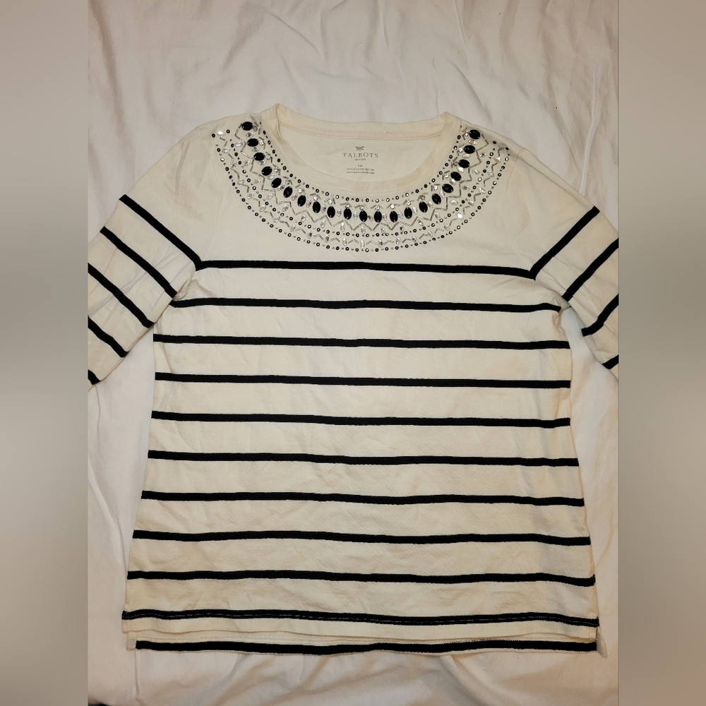 Talbots Petites | Large | Cream w/ Black Stripes Jewel Embellished Neckline Top